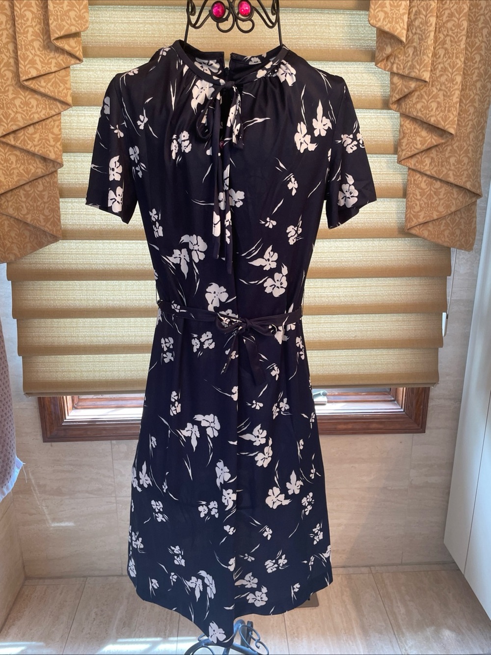 MARTI Petite Navy Blue Short Sleeve Floral Midi Dress Belted Made in USA Size 12